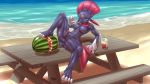  16:9 2019 absurd_res anthro anus balls beach bench beverage breasts erection food fruit gynomorph hi_res intersex looking_at_viewer melon muscular muscular_gynomorph muscular_intersex mykiio nintendo nipples nude penis plant pok&eacute;mon pok&eacute;mon_(species) seaside sitting solo spread_legs spreading video_games water watermelon weavile 