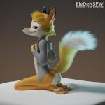  1:1 2019 3_toes 3d_(artwork) anthro barefoot bedroom_eyes blush butt canid canine clothing covering covering_breasts darma digital_media_(artwork) dipstick_ears dipstick_tail eledensfw feet female flat_chested fox fuel_(artist) half-closed_eyes hi_res hoodie jacket kneeling looking_at_viewer mammal multicolored_ears multicolored_tail open_jacket pawpads rock_dog seductive simple_background smile soles solo toes tomboy topwear white_background 