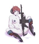  amputee anthro areola bite black_sclera bodily_fluids breasts fan_character female genital_fluids gun hair horn lips nipples prosthetic_leg pussy pussy_juice ranged_weapon sheva_a._lisa simple_background solo spread_legs spreading weapon white_background yellow_eyes ziffir 