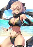  1girl ahoge armband asymmetrical_gloves asymmetrical_legwear bikini black_bikini black_bow black_gloves black_legwear black_scarf blonde_hair blue_sky bow breasts cleavage cloud commentary_request eyebrows_visible_through_hair fate/grand_order fate_(series) gloves hair_between_eyes hair_bow highleg highres large_breasts nasaniliu navel ocean okita_souji_(fate)_(all) okita_souji_(swimsuit_assassin)_(fate) scarf short_hair single_glove skindentation sky smile solo swimsuit thigh_strap white_background yellow_eyes 