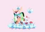  accessory armband bag beak blue_body chesnaught digital_media_(artwork) duo fur green_skin headband hi_res nintendo pok&eacute;mon pok&eacute;mon_(species) safero shell simple_background smile spikes swablu video_games white_fur wings zangoose 