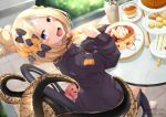  1girl :d abigail_williams_(fate/grand_order) absurdres bangs barefoot black_bow black_jacket blonde_hair blue_eyes blurry blurry_background blush_stickers bow chair commentary_request crossed_bandaids cup depth_of_field disposable_cup fate/grand_order fate_(series) food fork hair_bow hair_bun hand_up head_tilt heroic_spirit_traveling_outfit highres holding holding_fork jacket kana616 long_hair long_sleeves looking_at_viewer looking_to_the_side on_chair open_mouth orange_bow pancake parted_bangs plate polka_dot polka_dot_bow sandwich sitting sleeves_past_fingers sleeves_past_wrists smile solo spanish_commentary stack_of_pancakes stuffed_animal stuffed_toy table tea teacup teddy_bear tentacles tiered_tray twitter_username 