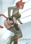  1girl animal_ears ariverkao ass bangs boots breasts brown_eyes brown_hair cat_ears cat_tail dated fingerless_gloves garter_straps gloves gun hand_on_own_ass high_heel_boots high_heels holster large_breasts leotard lips looking_back original parted_lips patreon_logo short_hair shrug_(clothing) signature solo tail thigh_holster thighhighs watermark weapon web_address 