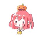  1girl :d bangs blush_stickers bow bowtie halloween jack-o&#039;-lantern kurosawa_ruby love_live! love_live!_sunshine!! object_on_head open_mouth red_hair school_uniform serafuku short_hair simple_background smile solid_circle_eyes solo two_side_up upper_body uranohoshi_school_uniform white_background yashino_84 yellow_neckwear 