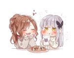  2girls :3 :d ^_^ animal_print bang_dream! blush brown_hair bunny_earrings butterfly_hair_ornament cat_print checkerboard_cookie chibi chin_rest closed_eyes cookie cup eating food grey_hair grey_sweater hair_ornament half_updo heart holding holding_cup imai_lisa kamesuke_(turtle0124) long_sleeves minato_yukina multiple_girls open_mouth plate ribbed_sweater shirt smile sweater upper_body white_background white_shirt yellow_eyes 