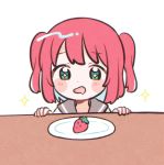  +_+ 1girl bangs blush_stickers commentary_request drooling food fruit green_eyes highres kurosawa_ruby love_live! love_live!_sunshine!! plate red_hair school_uniform serafuku short_hair solo sparkle staring strawberry table two-sided_hair two_side_up upper_body uranohoshi_school_uniform yashino_84 