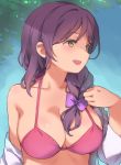  1girl :d alternate_hairstyle bikini bow braid breasts cleavage collarbone deyuuku green_eyes hair_bow hair_over_shoulder halterneck hand_up large_breasts long_hair love_live! love_live!_school_idol_project open_clothes open_mouth open_shirt purple_bow red_bikini shirt single_braid smile solo swimsuit toujou_nozomi upper_body white_shirt 