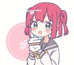  1girl aqua_eyes blush_stickers bow bowtie coffee_cup cup disposable_cup highres holding holding_cup kurosawa_ruby long_sleeves looking_at_viewer love_live! love_live!_sunshine!! notice_lines red_hair school_uniform serafuku short_hair simple_background solo two-sided_hair two_side_up upper_body uranohoshi_school_uniform yashino_84 yellow_neckwear 