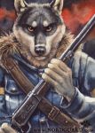  5_fingers blotch canid canine clothed clothing fingers gun looking_at_viewer mammal nordguard orange_sclera pointer ranged_weapon solo weapon 