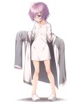  1girl ahoge bangs bare_legs black-framed_eyewear child collarbone commentary_request eyebrows_visible_through_hair fate/grand_order fate_(series) full_body glasses jacket long_sleeves looking_down mash_kyrielight nullken open_clothes open_jacket oversized_clothes pigeon-toed purple_eyes purple_hair short_hair simple_background slippers solo standing white_background white_footwear white_jacket younger 