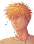  1boy bleach brown_shirt close-up commentary earphones face highres image_sample kurosaki_ichigo looking_away male_focus momota_kou musical_note orange_eyes orange_hair shirt simple_background solo spiked_hair teeth twitter_sample upper_body white_background 