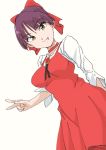 1girl bow breasts cat_girl choker closed_mouth commentary_request dress gegege_no_kitarou hair_bow looking_at_viewer mizu_kane nekomusume nekomusume_(gegege_no_kitarou_6) pointy_ears purple_hair red_bow red_dress short_hair simple_background solo white_background yellow_eyes 