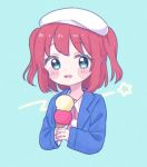  1girl :d aqua_background aqua_hair beret blue_jacket blush_stickers double_scoop food hat highres holding holding_food ice_cream ice_cream_cone jacket kurosawa_ruby looking_at_viewer love_live! love_live!_sunshine!! open_mouth pink_shirt pom_pom_(clothes) red_hair shirt short_hair simple_background smile solo two_side_up upper_body white_headwear yashino_84 