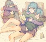  ... 2girls aqua_hair bang_dream! bed_sheet black_shorts book cat closed_eyes cuddling green_eyes green_shirt hikawa_hina hikawa_sayo holding holding_book hood hood_down hoodie hug incest jewelry long_hair long_sleeves lying lying_on_person mikan-uji multiple_girls multiple_views necklace on_back on_side pillow pinky_ring purple_shirt reading shirt short_shorts shorts siblings sisters spoken_ellipsis translation_request twins yuri 