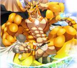  5_fingers abs anthro beverage biceps biped clothing cloud coat_cape dragon fingers holding_beverage holding_object horn lei male membrane_(anatomy) membranous_wings multicolored_scales muscular muscular_male ophion outside pecs pendant prehensile_tail sansaka_saku scales scalie sky speedo spikes sun swimwear tan_scales tokyo_afterschool_summoners tongue tongue_out triceps two_tone_scales video_games water wings yellow_scales 