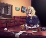  1girl absurdres arm_support armpits ashtray blue_eyes blush boa_(brianoa) bottle braid breasts cape chain cup drinking_glass exit_sign fate/apocrypha fate/grand_order fate_(series) hair_between_eyes headpiece highres jeanne_d&#039;arc_(fate) jeanne_d&#039;arc_(fate)_(all) large_breasts long_hair solo sweat twitter_username wine_bottle wine_glass 
