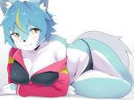  4:3 4_fingers anthro big_breasts blue_fur blue_hair blush breasts canid canine canis cleavage clothed clothing domestic_dog faeki female fingers fur hair kemono looking_at_viewer lying mammal multicolored_fur nanahoshi_suzu navel shirt simple_background solo topwear two_tone_fur vtuber white_background white_fur 
