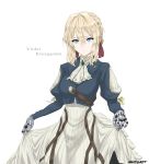  1girl absurdres artist_name blonde_hair blue_eyes braid brooch character_name copyright_name cravat curtsey envelope french_braid hair_between_eyes hair_ribbon highres jewelry juliet_sleeves long_sleeves mechanical_hands muzuart petals puffy_sleeves red_ribbon ribbon short_hair skirt solo violet_evergarden violet_evergarden_(character) wax_seal white_background 