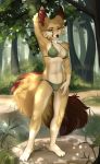  2019 4_toes 5_fingers anthro barefoot bastika black_nose breasts brown_fur canid canine clothed clothing day detailed_background digital_media_(artwork) eyebrows female fennec fenrick fingers forest fox fur grass green_eyes hi_res mammal midriff navel outside plantigrade smile solo standing tan_fur toes tree 