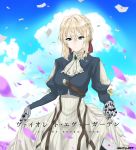  1girl absurdres artist_name blonde_hair blue_eyes blue_sky braid brooch character_name cloud copyright_name cravat curtsey envelope french_braid hair_between_eyes hair_ribbon highres jewelry juliet_sleeves long_sleeves mechanical_hands muzuart petals puffy_sleeves red_ribbon ribbon short_hair skirt sky solo violet_evergarden violet_evergarden_(character) wax_seal 