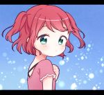  1girl aqua_eyes bangs blue_background commentary_request expressionless hand_on_own_chest happy_party_train highres kurosawa_ruby looking_at_viewer looking_back love_live! love_live!_sunshine!! pink_shirt red_hair shirt short_hair short_sleeves solo sparkle two_side_up yashino_84 