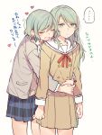  ... 2girls :| bang_dream! black_skirt blazer blush brown_dress closed_mouth double-breasted dress frown green_eyes green_hair grey_jacket hanasakigawa_school_uniform haneoka_school_uniform head_on_another&#039;s_shoulder heart hikawa_hina hikawa_sayo hug hug_from_behind jacket long_sleeves mikan-uji miniskirt multiple_girls neck_ribbon open_mouth plaid plaid_skirt pleated_skirt red_neckwear ribbon sailor_dress school_uniform siblings simple_background sisters skirt spoken_ellipsis translation_request twins u_u white_background 