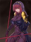  1girl akira_(yuibnm71) bangs blush bodysuit breasts closed_mouth commentary_request covered_navel cowboy_shot fate/grand_order fate_(series) from_side highres large_breasts long_hair looking_at_viewer looking_to_the_side pauldrons purple_bodysuit purple_hair red_eyes revision scathach_(fate)_(all) scathach_(fate/grand_order) smile solo veil very_long_hair 