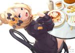  1girl :d abigail_williams_(fate/grand_order) absurdres bangs barefoot black_bow black_jacket blonde_hair blue_eyes blush_stickers bow chair crossed_bandaids cup disposable_cup fate/grand_order fate_(series) food fork hair_bow hair_bun hand_up head_tilt heroic_spirit_traveling_outfit highres holding holding_fork jacket kana616 long_hair long_sleeves looking_at_viewer looking_to_the_side on_chair open_mouth orange_bow pancake parted_bangs plate polka_dot polka_dot_bow sandwich simple_background sitting sleeves_past_fingers sleeves_past_wrists smile solo stack_of_pancakes stuffed_animal stuffed_toy table tea teacup teddy_bear tiered_tray twitter_username white_background 