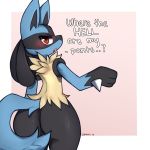  1:1 2019 ambiguous_gender anthro big_butt blue_fur blush butt canid canine dialogue english_text fur hi_res looking_at_viewer looking_back loppifi lucario mammal nintendo open_mouth pok&eacute;mon pok&eacute;mon_(species) rear_view red_eyes simple_background solo spikes text video_games white_background yellow_fur 