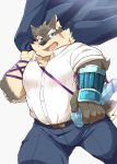  anthro belt biped black_nose blue_eyes bottomwear brown_fur canid canine canis clothing domestic_dog fur hi_res launcher_r mammal moritaka multicolored_fur open_mouth overweight scar simple_background solo tan_fur tokyo_afterschool_summoners tongue topwear two_tone_fur two_tone_tail video_games white_background 