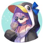  1girl animal_costume animal_hood bare_shoulders blue_eyes blue_ribbon bow bra_strap bubble_tea choker collarbone drinking drinking_straw eyebrows_visible_through_hair fate/grand_order fate_(series) hair_bow hood hoodie meltryllis meltryllis_(swimsuit_lancer)_(fate) penguin_costume purple_hair ribbon sleeves_past_wrists solo sunglasses upper_body vivivivi 