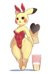  anthro anthrofied big_breasts breasts bunny_costume clothing costume fake_ears fishnet hi_res morokko nintendo open_mouth pikachu pok&eacute;mon pok&eacute;mon_(species) simple_background thick_thighs video_games white_background wide_hips 
