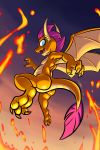  3_toes anthro bassybird blue_eyes butt dragon featureless_chest featureless_crotch feet female flying friendship_is_magic hi_res lava membrane_(anatomy) membranous_wings my_little_pony nude smolder_(mlp) toes wings 