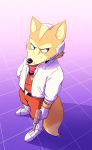  2019 absurd_res anthro canid canine canis clothed clothing digital_media_(artwork) fox fox_mccloud fur habiyeru hi_res jacket male mammal nintendo prosthetic_limb shirt simple_background solo standing star_fox topwear video_games 