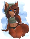  anthro canid canine canis clothed clothing coyote ei-ka female fur hair looking_at_viewer mammal simple_background smile solo tongue tongue_out wide_hips 