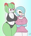  2019 absurd_res angry anthro big_breasts blush bra breasts cleavage cleavage_cutout clothed clothing digital_media_(artwork) eyewear female freckles gardevoir glasses hi_res humanoid keyhole_turtleneck kirlia mammal nerd nintendo panties pok&eacute;mon pok&eacute;mon_(species) shiny_pok&eacute;mon sibling simple_background sister sisters sports_bra sweater tonytoran topwear underwear video_games 