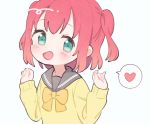  1girl :d aqua_eyes bangs blush bow bowtie clenched_hands commentary_request cosplay hands_up heart kunikida_hanamaru kunikida_hanamaru_(cosplay) kurosawa_ruby long_sleeves love_live! love_live!_sunshine!! open_mouth red_hair short_hair smile solo spoken_heart two_side_up upper_body white_background yashino_84 yellow_cardigan yellow_neckwear 