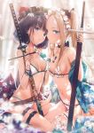  2girls abigail_williams_(fate/grand_order) bare_shoulders bikini black_bow blonde_hair blue_eyes blurry blurry_foreground bow breasts closed_mouth commentary dangmill depth_of_field fate/grand_order fate_(series) floral_print flower hair_bow hair_flower hair_ornament hand_on_another&#039;s_thigh highres holding holding_sheath katana katsushika_hokusai_(fate/grand_order) long_hair looking_at_viewer multiple_girls navel polka_dot polka_dot_bikini polka_dot_bow seiza sheath sheathed shoes sitting small_breasts stuffed_animal stuffed_toy swimsuit sword symbol_commentary teddy_bear twintails weapon white_bikini white_flower 