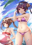  2girls :d absurdres ahoge ass_visible_through_thighs azur_lane ball bare_arms bare_shoulders beachball bikini blue_sky blush breasts brown_hair choker cleavage closed_mouth cloud cloudy_sky collarbone day eyewear_on_head fang fingernails floating_hair groin hairpods halter_top halterneck highres holding holding_ball huge_filesize large_breasts light_rays long_hair looking_at_viewer medium_breasts multiple_girls nail_polish navel ning_hai_(azur_lane) ning_hai_(summer_hunger)_(azur_lane) open_mouth outdoors palm_leaf ping_hai_(azur_lane) ping_hai_(merry_summer)_(azur_lane) purple_bikini purple_eyes purple_hair rainbow red_bikini red_eyes red_nails side-tie_bikini sidelocks skindentation sky smile standing stomach stretch sunbeam sunglasses sunlight swimsuit taitai thighs twintails water water_drop white-framed_eyewear 