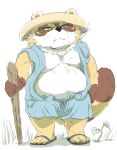  2019 anthro belly brown_fur canid canine clothing footwear fur hat headgear headwear hi_res humanoid_hands hysk male mammal moobs nipples overweight overweight_male raccoon_dog robe sandals simple_background solo tanuki 