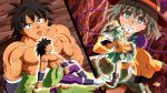  :o black_eyes black_hair black_headwear bow broly_(dragon_ball_super) brown_footwear crossover dragon_ball dragon_ball_super dragon_ball_super_broly facial_scar floral_print frilled_sleeves frills green_eyes green_hair hat hat_bow heart heart_of_string highres komeiji_koishi looking_at_another muscle ohoho open_mouth scar scar_on_cheek shirtless sitting third_eye touhou vambraces white_footwear wide_sleeves 