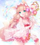  1girl :d animal animal_ear_fluff animal_ears bangs bare_shoulders blurry blurry_background blush breasts brown_hair cleavage commentary_request depth_of_field dress eyebrows_visible_through_hair fish flower fox_ears fox_girl fox_tail green_eyes hair_flower hair_ornament hair_ribbon highres himemiya_maho holding holding_staff long_hair long_sleeves looking_at_viewer medium_breasts open_mouth orb pink_dress pink_flower princess_connect! princess_connect!_re:dive purple_flower red_ribbon ribbon see-through shichijou_natori sidelocks smile solo staff strapless strapless_dress tail very_long_hair wide_sleeves 