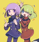  1boy 1girl blue_eyes bob_cut brother_and_sister dated double-breasted green_hair hand_on_another&#039;s_shoulder highres j_(puyopuyo) l_(puyopuyo) matching_outfit purple_eyes purple_hair puyopuyo puyopuyo_tetris siblings simple_background sparkle twins yellow_background 
