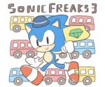  anthro black_eyes blue_fur bowler_hat buke3jp bus chaos_emerald clothing english_text eulipotyphlan flag footwear fur gloves handwear hat headgear headwear hedgehog holding_object looking_at_viewer male mammal shoes simple_background smile solo sonic_(series) sonic_the_hedgehog text vehicle walking white_background 
