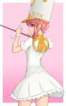  1girl commentary_request dress eyebrows_visible_through_hair from_behind hat heart holding jakuzure_nonon kill_la_kill looking_at_viewer pink_background pink_eyes pink_hair pink_heart shako_cap short_hair sidelocks simple_background smile solo uniform white_dress wuming_xia 