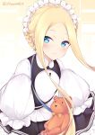  1girl abigail_williams_(fate/grand_order) bangs black_skirt blonde_hair blue_eyes blush braid breasts chiyami closed_mouth dress fate/grand_order fate_(series) forehead french_braid heroic_spirit_festival_outfit highres keyhole long_hair long_sleeves looking_at_viewer maid_headdress parted_bangs puffy_sleeves skirt sleeves_past_fingers sleeves_past_wrists small_breasts smile solo stuffed_animal stuffed_toy teddy_bear white_bloomers white_dress 