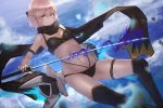  1girl ahoge aito bare_shoulders bikini black_bikini black_bow black_gloves black_scarf blonde_hair bow breasts cleavage commentary_request energy fate/grand_order fate_(series) gloves hair_between_eyes hair_bow highres holding holding_sword holding_weapon katana looking_at_viewer navel okita_souji_(swimsuit_assassin)_(fate) scarf short_hair single_glove smile solo swimsuit sword weapon yellow_eyes 