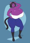  2019 absurd_res anthro big_breasts black_hair black_nose bottomwear breasts cleavage clothed clothing collar denim_jeans digital_media_(artwork) domestic_cat felid feline felis female fingers fur green_eyes hair hi_res huge_breasts hyper hyper_breasts jeans lanie_bannister_(lildredre) looking_at_viewer mammal mrsakai pants pose purple_fur simple_background small_head smile solo spiked_collar spikes standing thick_thighs topwear tube_top voluptuous wide_hips 