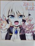  1girl 2018 blue_eyes braid claw_pose darjeeling dated eyebrows_visible_through_hair eyes_visible_through_hair fangs girls_und_panzer happy_birthday kamishima_kanon marker_(medium) open_mouth photo pink_nails platinum_blonde_hair portrait signature smile solo traditional_media vampire vampire_costume 