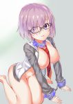  1girl bangs blush bottomless breasts chain chained collar commentary_request eyebrows_visible_through_hair fate/grand_order fate_(series) glasses grey_background grey_jacket hair_over_one_eye highres jacket large_breasts looking_at_viewer mash_kyrielight navel necktie nipples open_clothes open_jacket pink_hair purple_collar purple_eyes red_neckwear short_hair simple_background smile solo white_jacket yasei_no_chimpanzee 